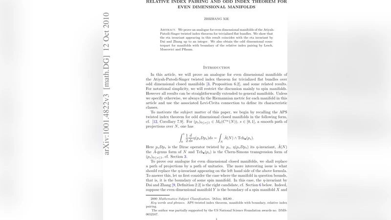 Relative Index Pairing and Odd Index Theorem for Even Dimensional   Manifolds