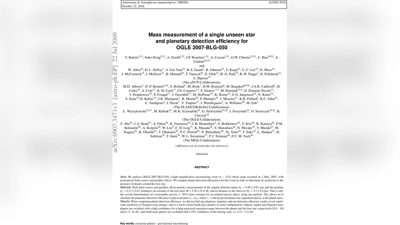 Mass measurement of a single unseen star and planetary detection   efficiency for OGLE 2007-BLG-050
