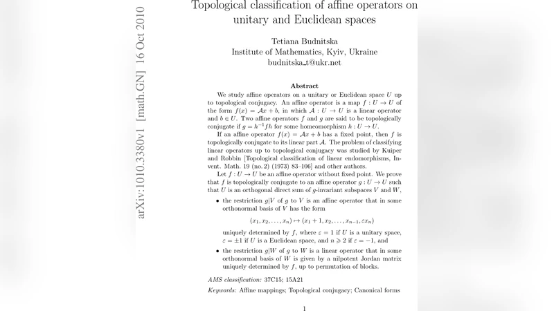 Topological classification of affine operators on unitary and Euclidean   spaces