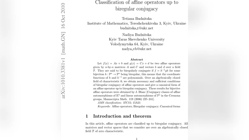 Classification of affine operators up to biregular conjugacy