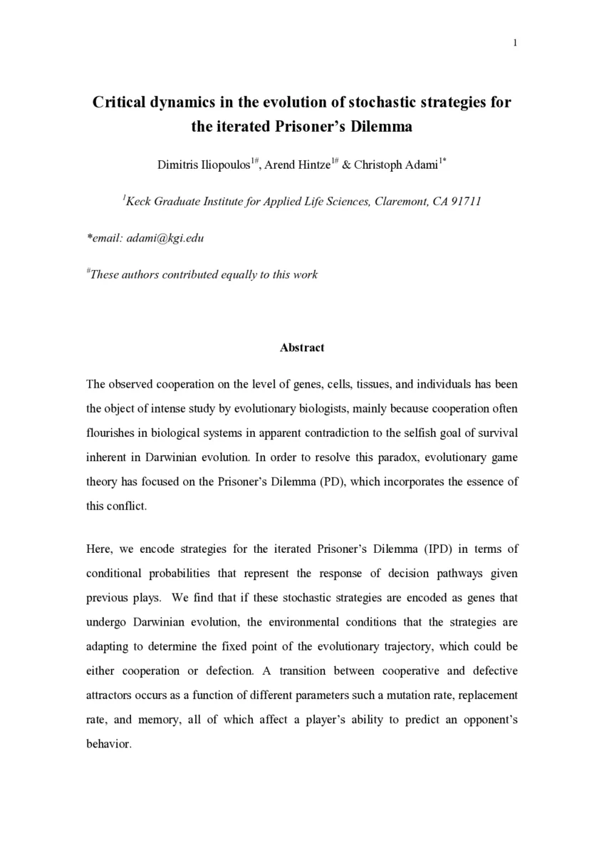 Critical dynamics in the evolution of stochastic strategies for the   iterated Prisoners Dilemma