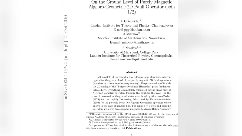 On the Ground Level of Purely Magnetic Algebro-Geometric 2D Pauli   Operator (spin 1/2)