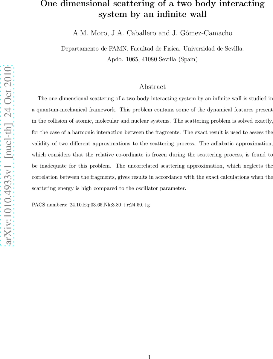 One dimensional scattering of a two body interacting system by an   infinite wall