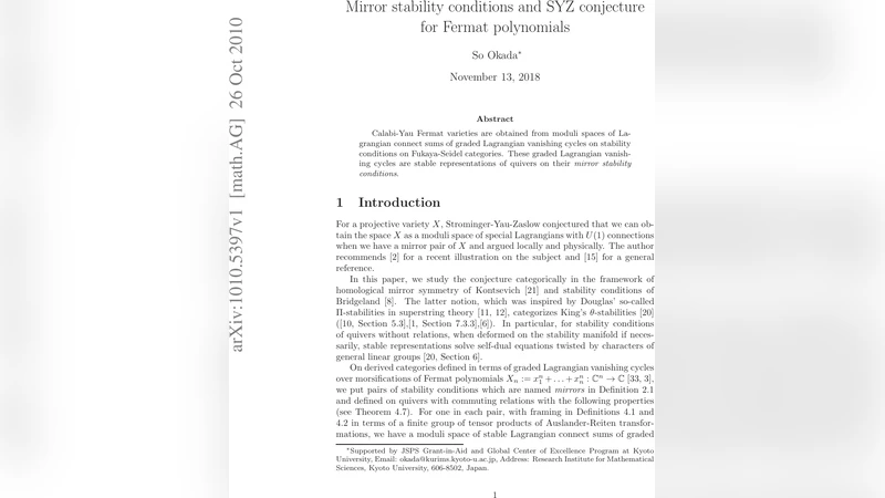 Mirror stability conditions and SYZ conjecture for Fermat polynomials