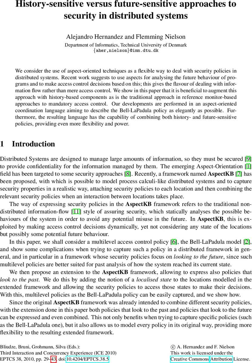 History-sensitive versus future-sensitive approaches to security in   distributed systems
