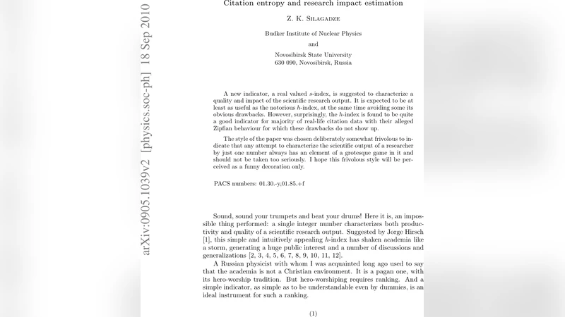 Citation entropy and research impact estimation