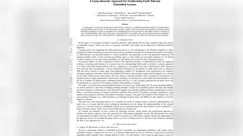 A Game-theoretic Approach for Synthesizing Fault-Tolerant Embedded   Systems