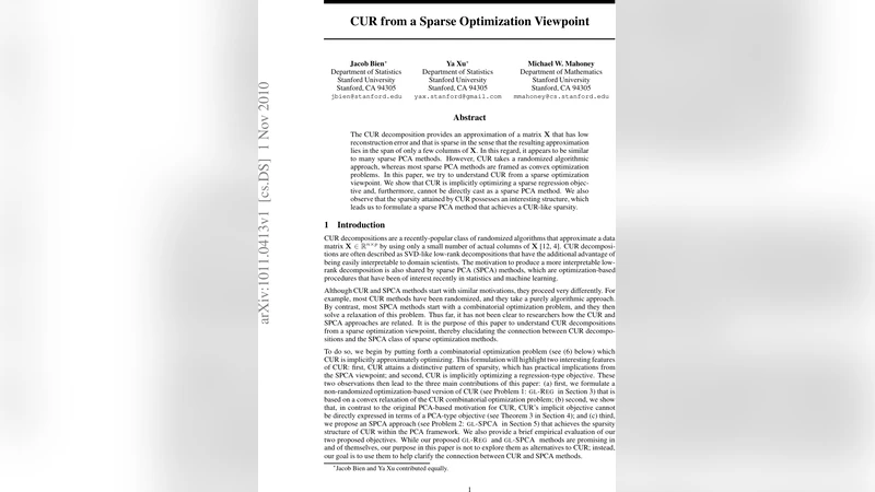CUR from a Sparse Optimization Viewpoint