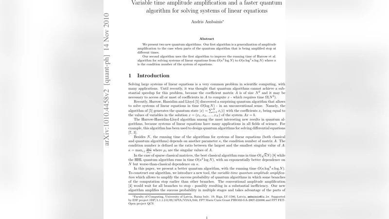 Variable time amplitude amplification and a faster quantum algorithm for   solving systems of linear equations