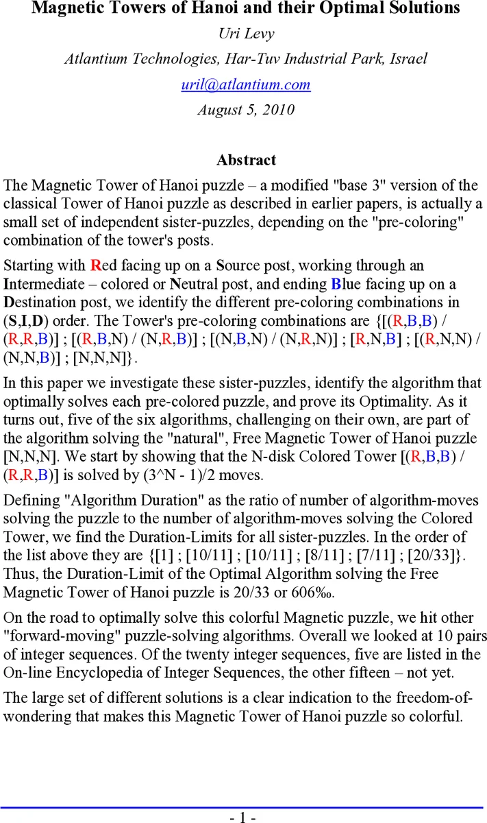 Magnetic Towers of Hanoi and their Optimal Solutions