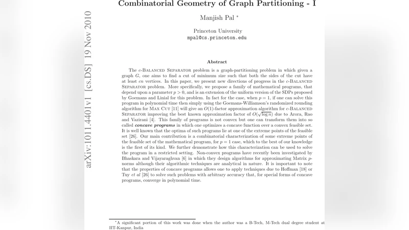 Combinatorial Geometry of Graph Partitioning - I