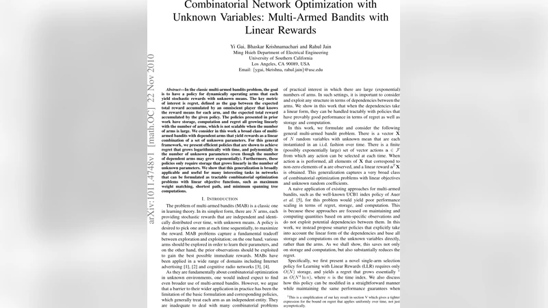 Combinatorial Network Optimization with Unknown Variables: Multi-Armed   Bandits with Linear Rewards