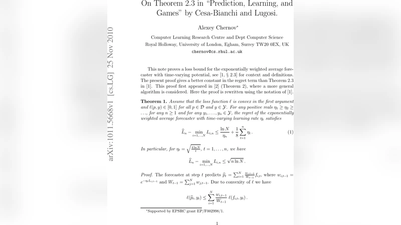 On Theorem 2.3 in "Prediction, Learning, and Games" by Cesa-Bianchi and   Lugosi