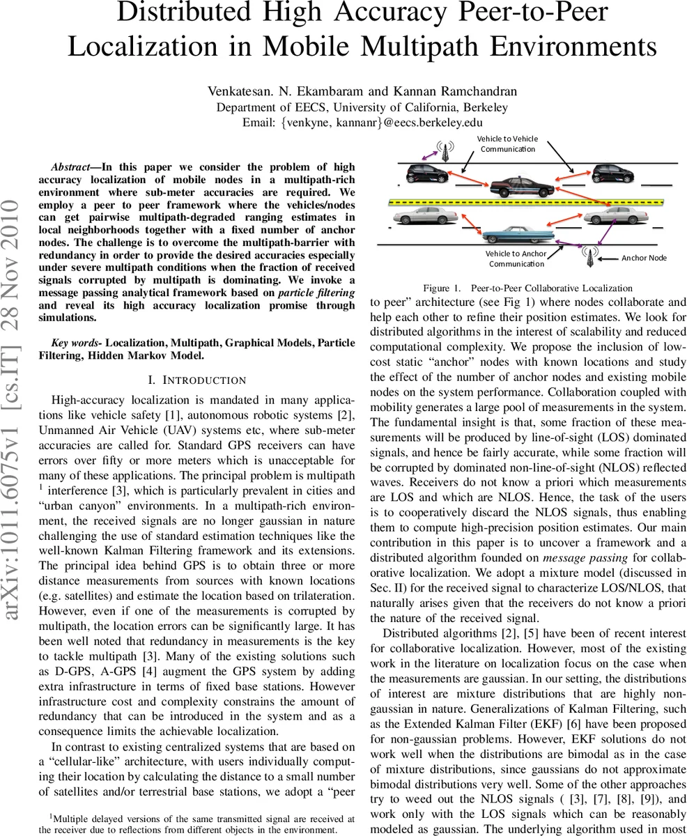 Distributed High Accuracy Peer-to-Peer Localization in Mobile Multipath   Environments