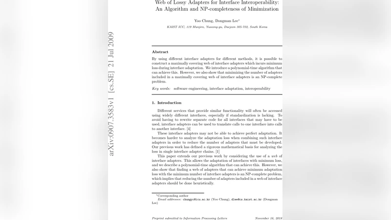 Web of Lossy Adapters for Interface Interoperability: An Algorithm and   NP-completeness of Minimization