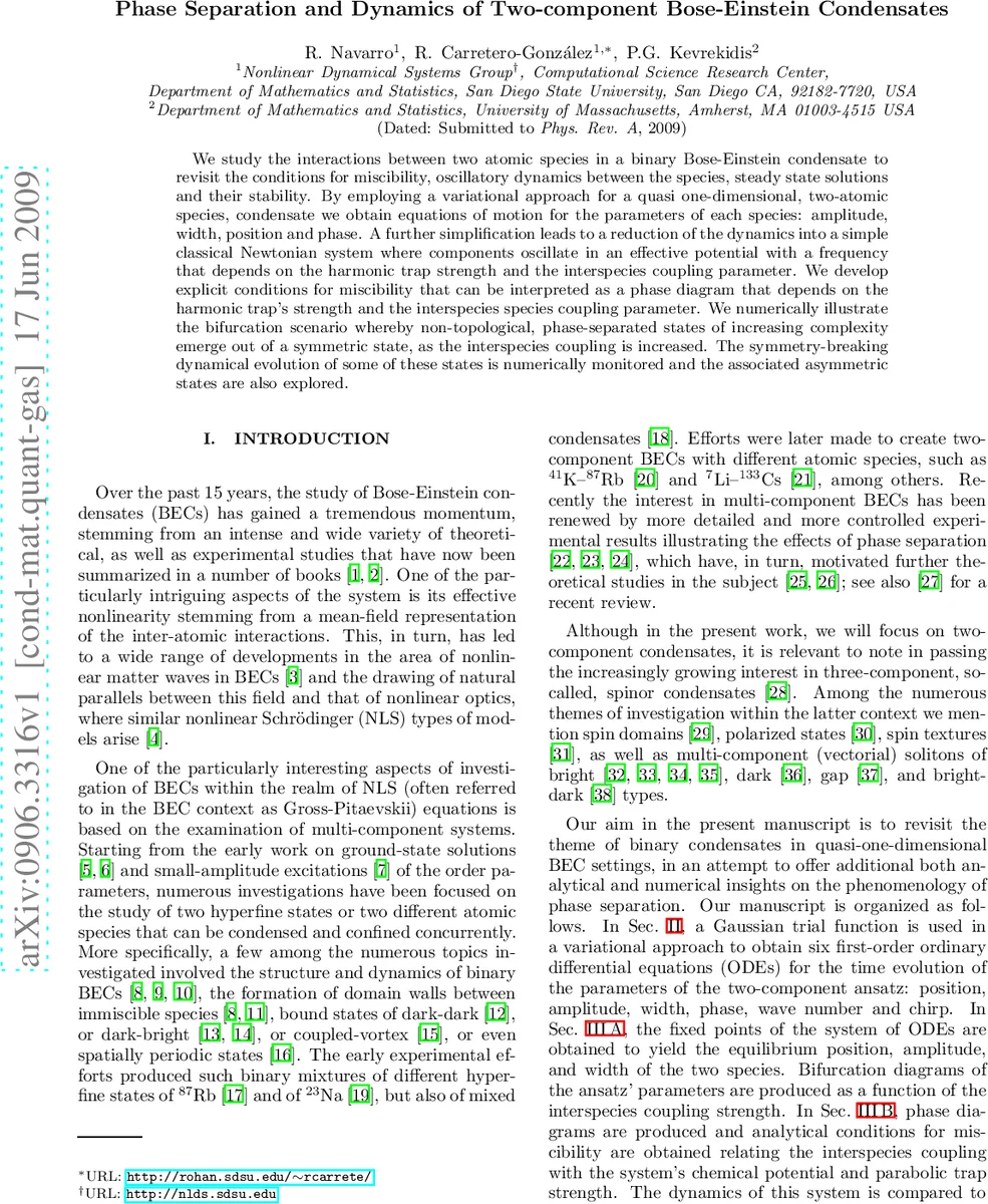 Phase Separation and Dynamics of Two-component Bose-Einstein Condensates