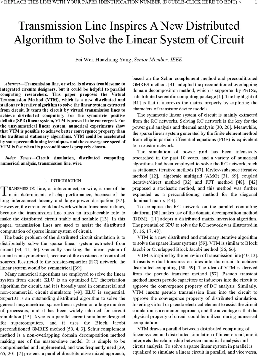 Transmission line inspires a new distributed algorithm to solve linear   system of circuit