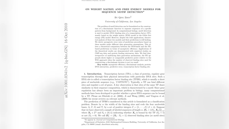 On Weight Matrix and Free Energy Models for Sequence Motif Detection