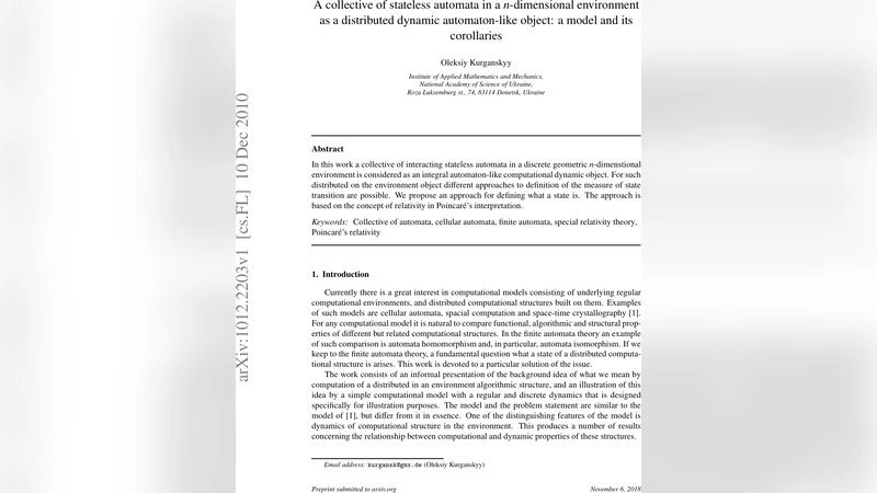A collective of stateless automata in a $n$-dimensional environment as a   distributed dynamic automaton-like object: a model and its corollaries