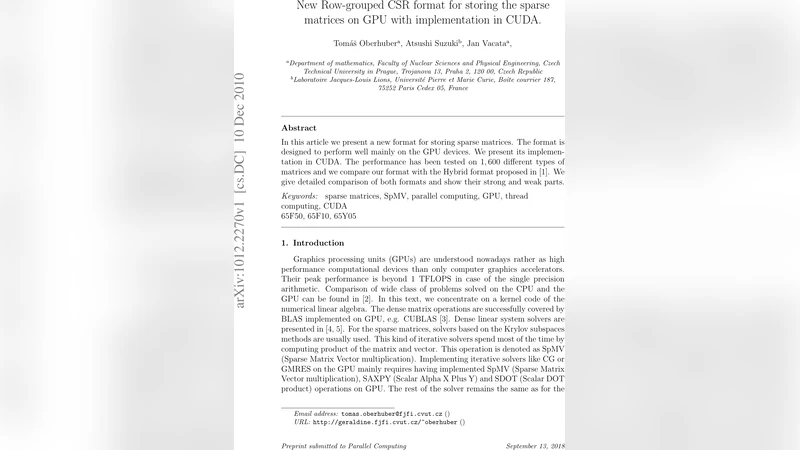 New Row-grouped CSR format for storing the sparse matrices on GPU with   implementation in CUDA