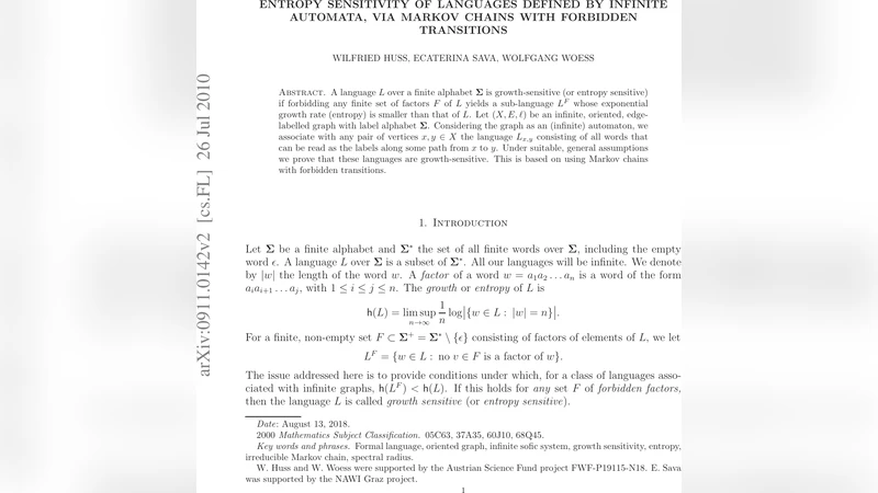 Entropy sensitivity of languages defined by infinite automata, via   Markov chains with forbidden transitions