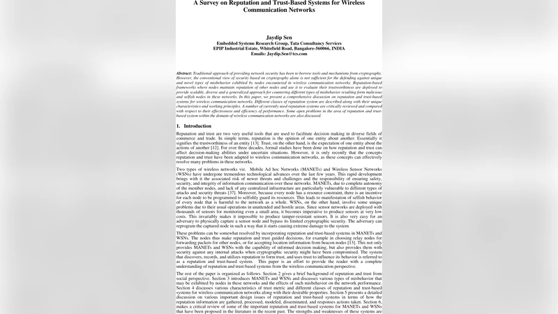 A Survey on Reputation and Trust-Based Systems for Wireless   Communication Networks