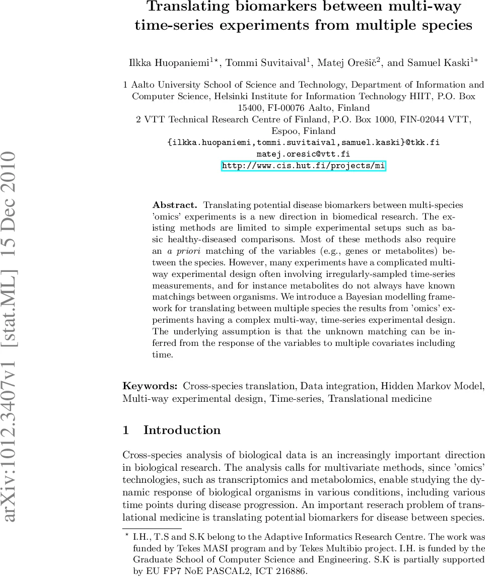 Translating biomarkers between multi-way time-series experiments