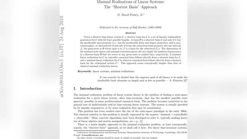 Minimal realizations of linear systems: The "shortest basis" approach