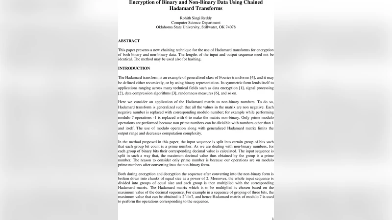 Encryption of Binary and Non-Binary Data Using Chained Hadamard   Transforms