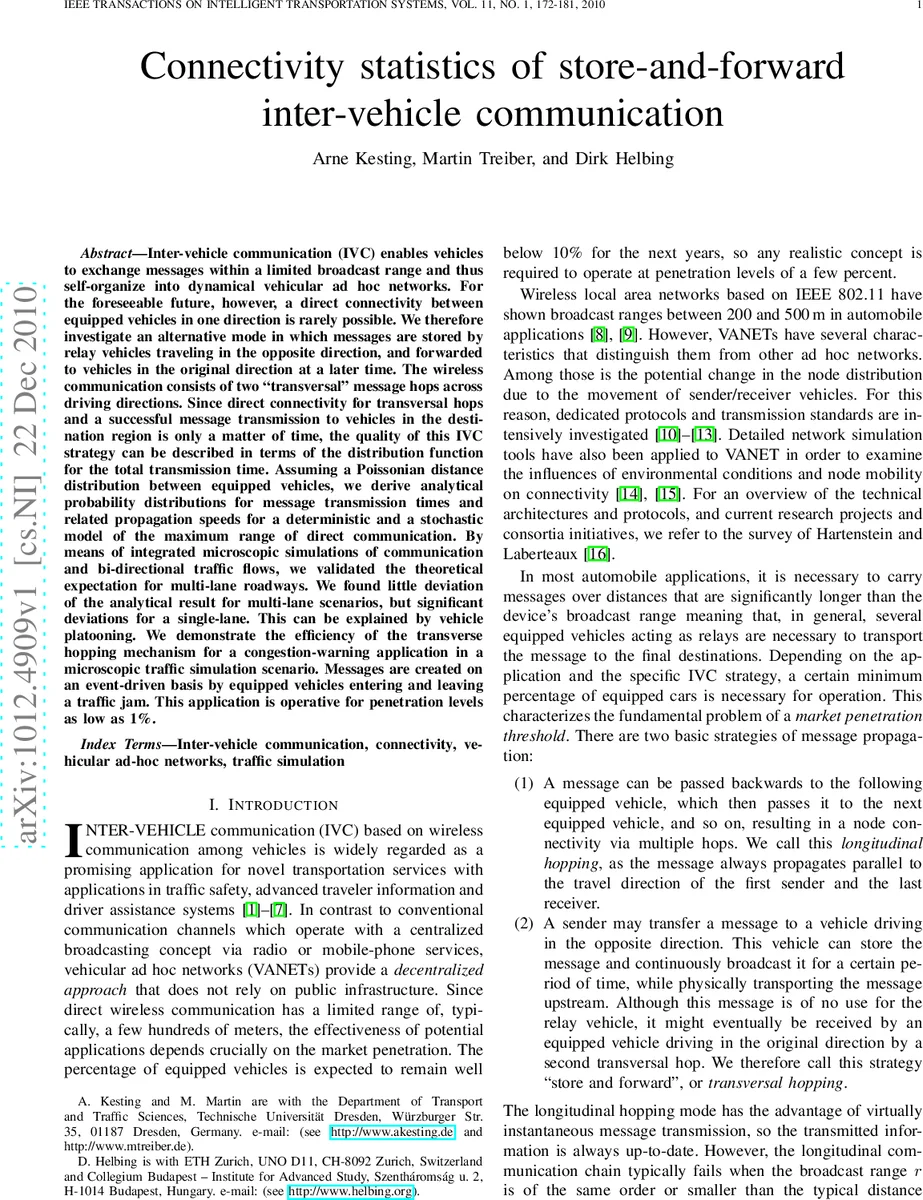 Connectivity statistics of store-and-forward inter-vehicle communication