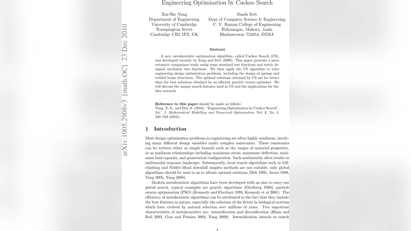 Engineering Optimisation by Cuckoo Search