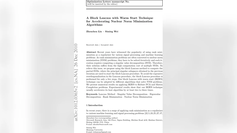 A Block Lanczos with Warm Start Technique for Accelerating Nuclear Norm   Minimization Algorithms