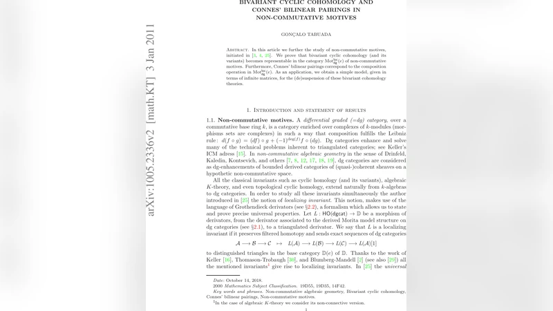 Bivariant cyclic cohomology and Connes bilinear pairings in   Non-commutative motives