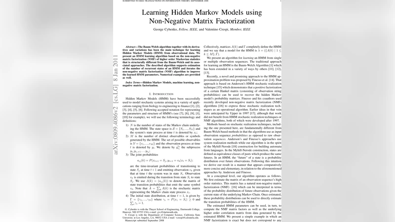 Learning Hidden Markov Models using Non-Negative Matrix Factorization