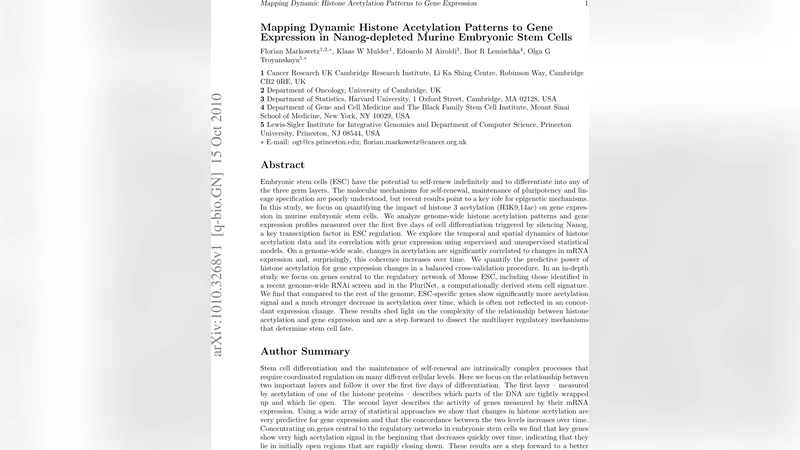 Mapping Dynamic Histone Acetylation Patterns to Gene Expression in   Nanog-depleted Murine Embryonic Stem Cells