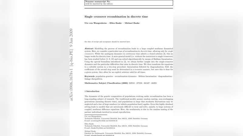 Single--crossover recombination in discrete time