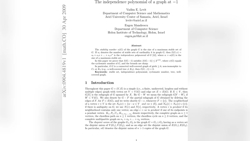 The independence polynomial of a graph at -1