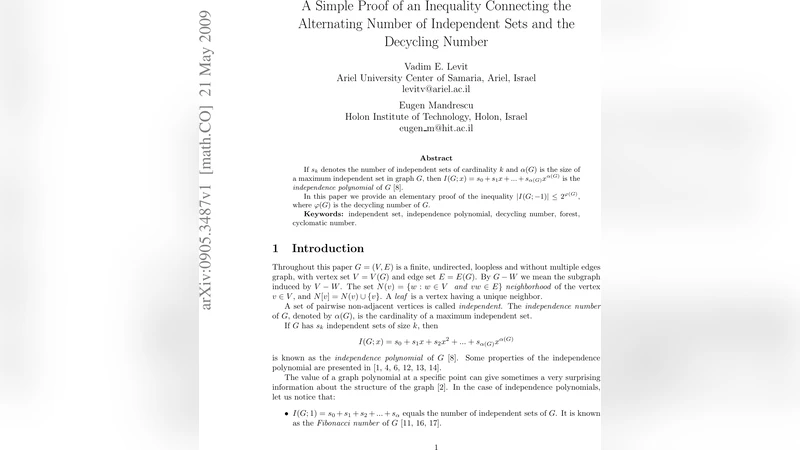 A Simple Proof of an Inequality Connecting the Alternating Number of   Independent Sets and the Decycling Number