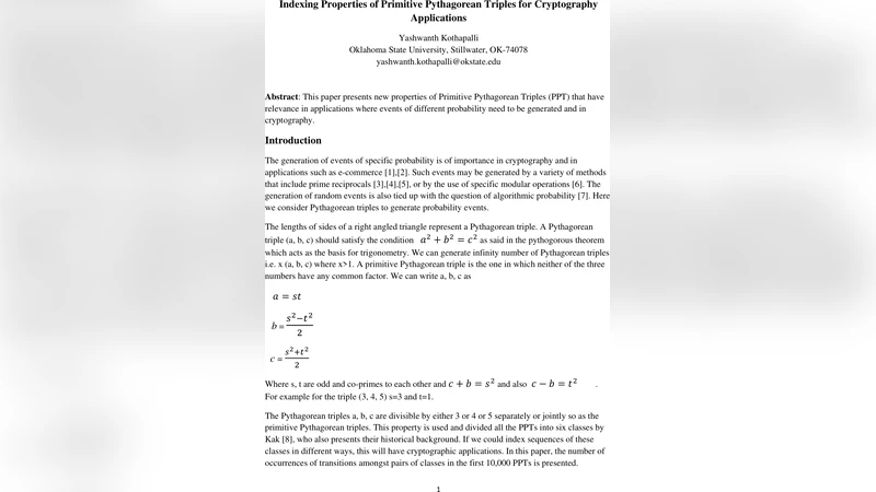 Indexing Properties of Primitive Pythagorean Triples for Cryptography   Applications