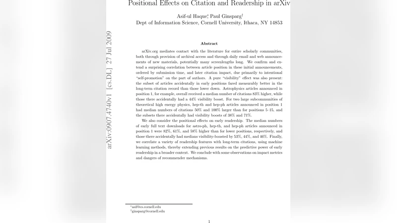 Positional Effects on Citation and Readership in arXiv