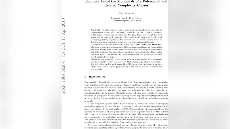 Enumeration of the Monomials of a Polynomial and Related Complexity   Classes