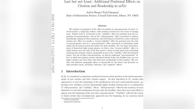 Last but not Least: Additional Positional Effects on Citation and   Readership in arXiv