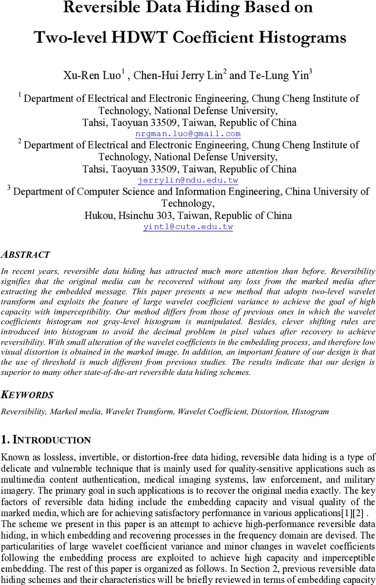 Reversible Data Hiding Based on Two-level HDWT Coefficient Histograms