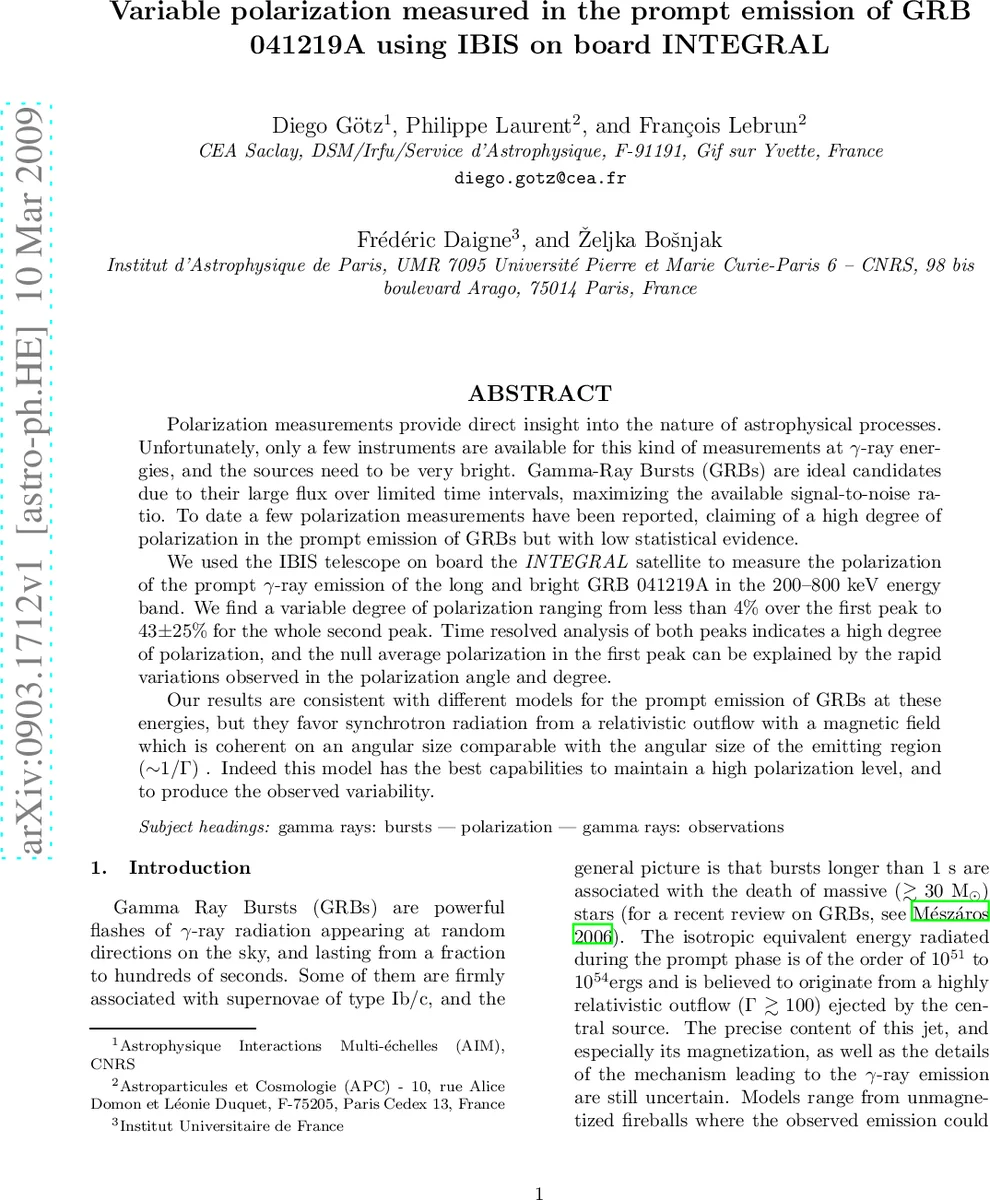 Variable polarization measured in the prompt emission of GRB 041219A   using IBIS on board INTEGRAL