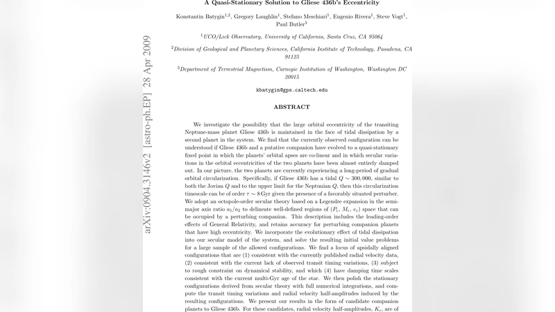 A Quasi-Stationary Solution to Gliese 436bs Eccentricity