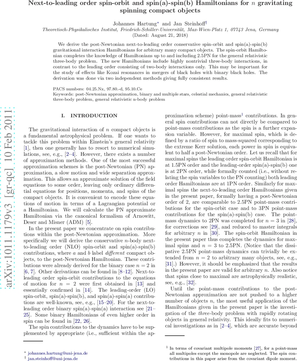 Next-to-leading order spin-orbit and spin(a)-spin(b) Hamiltonians for n   gravitating spinning compact objects