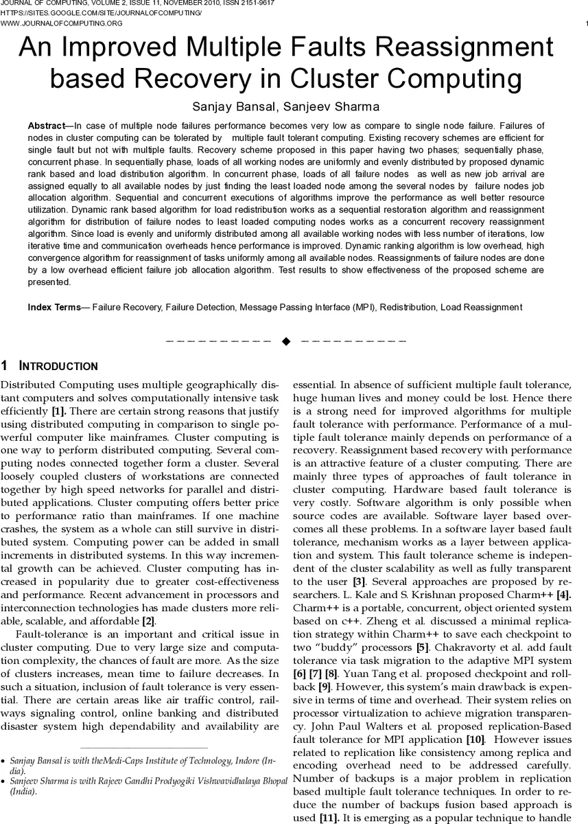 An Improved Multiple Faults Reassignment based Recovery in Cluster   Computing