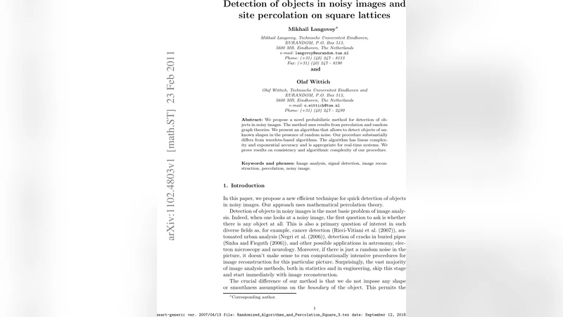Detection of objects in noisy images and site percolation on square   lattices