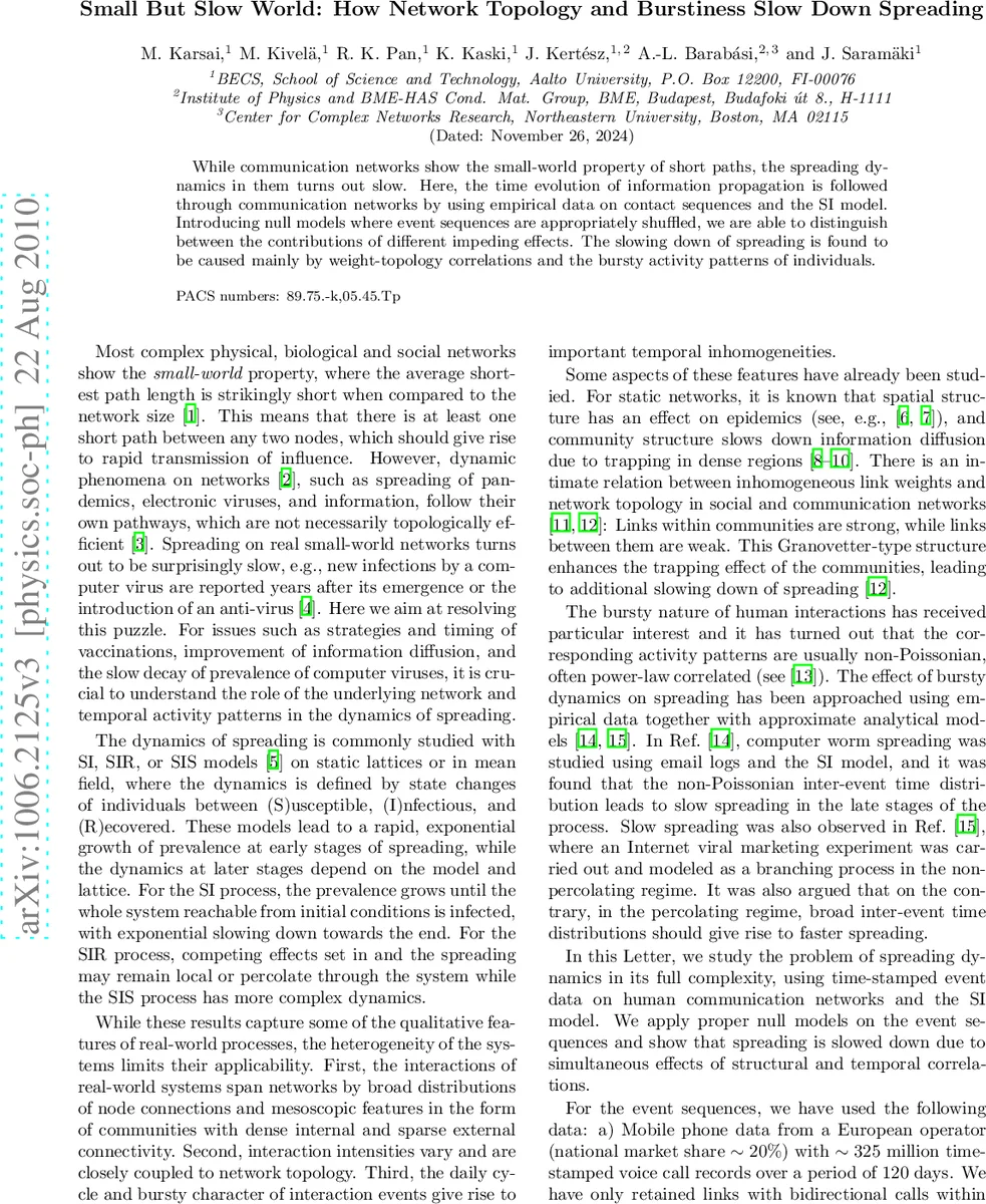 Small But Slow World: How Network Topology and Burstiness Slow Down   Spreading
