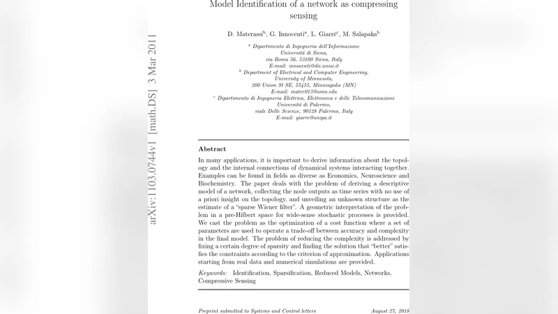 Model Identification of a Network as Compressing Sensing